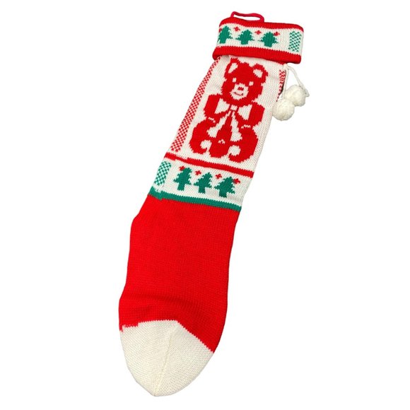 Vintage Teddy Bear Knit Christmas Stocking with pom poms 21" - Picture 1 of 14